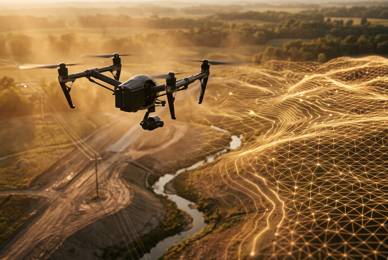 Aerial UAV view of a utility trench corridor crossing farmland