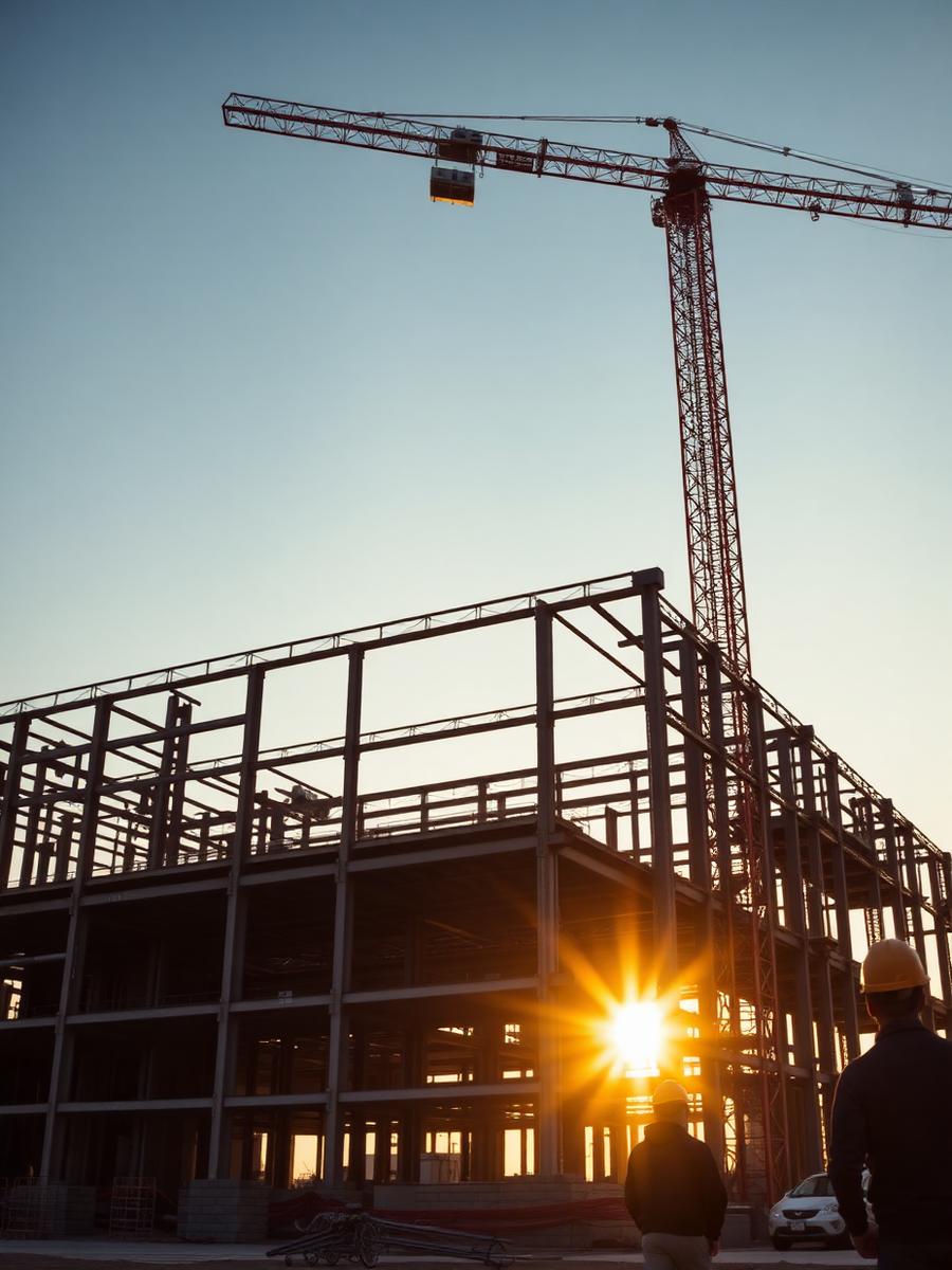 Steel-frame commercial building under construction at golden hour