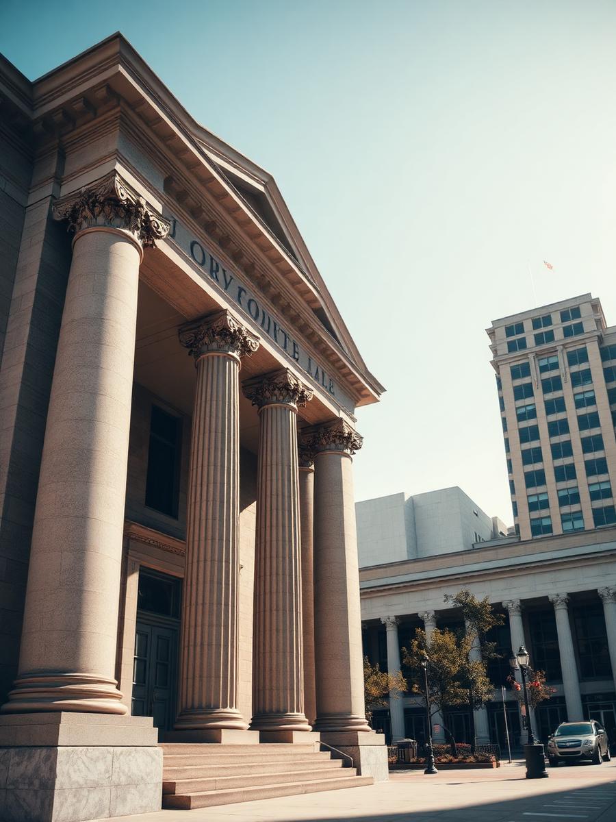 Stone courthouse facade in a Midwest city