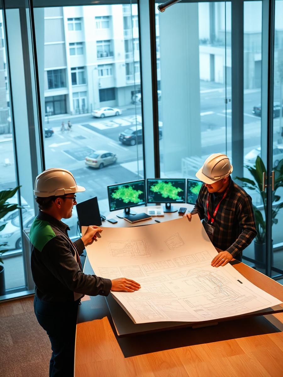 Engineers reviewing large-format site plans in a glass office