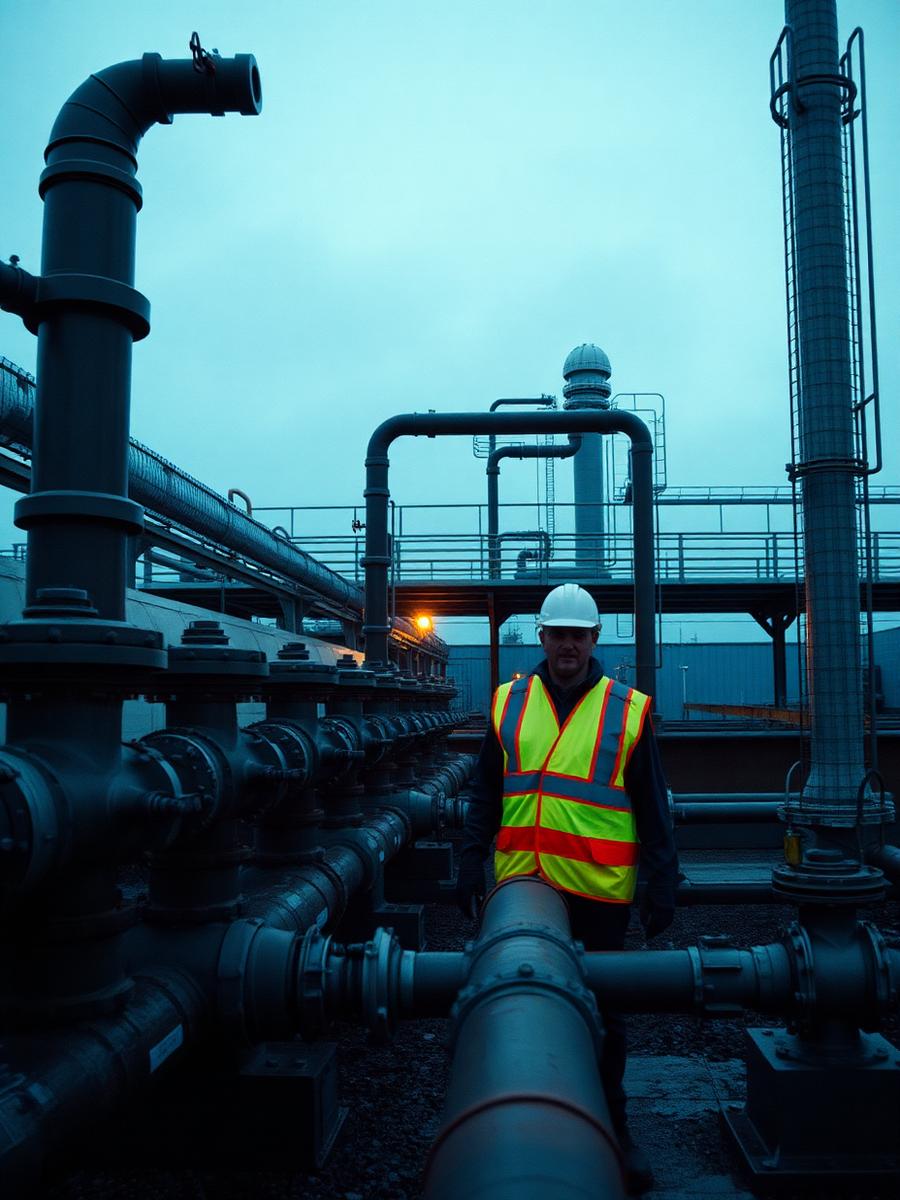 Utility treatment infrastructure at dusk with an engineer in a hi-vis vest