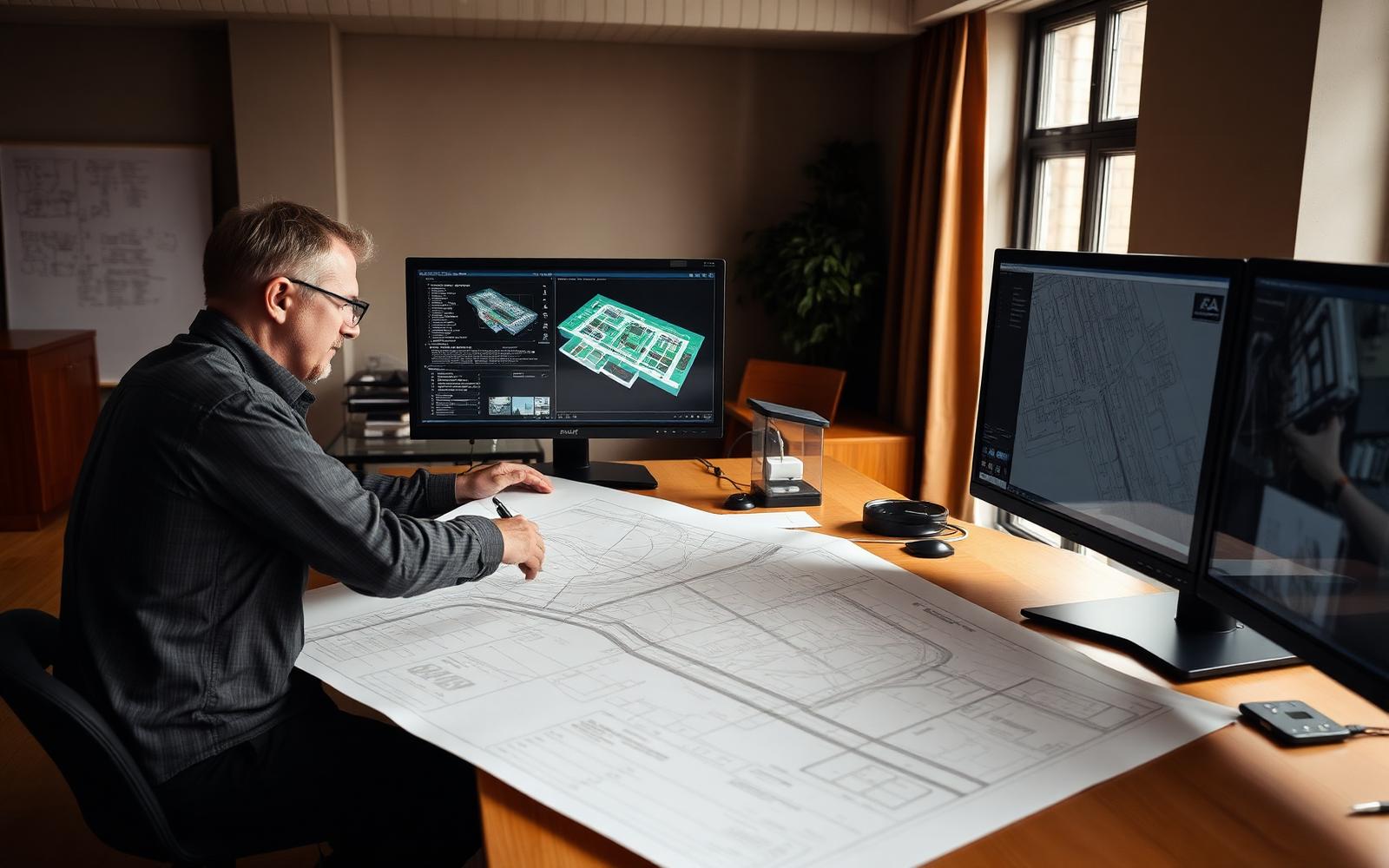 Engineer reviewing large-format utility design plans beside CAD monitors